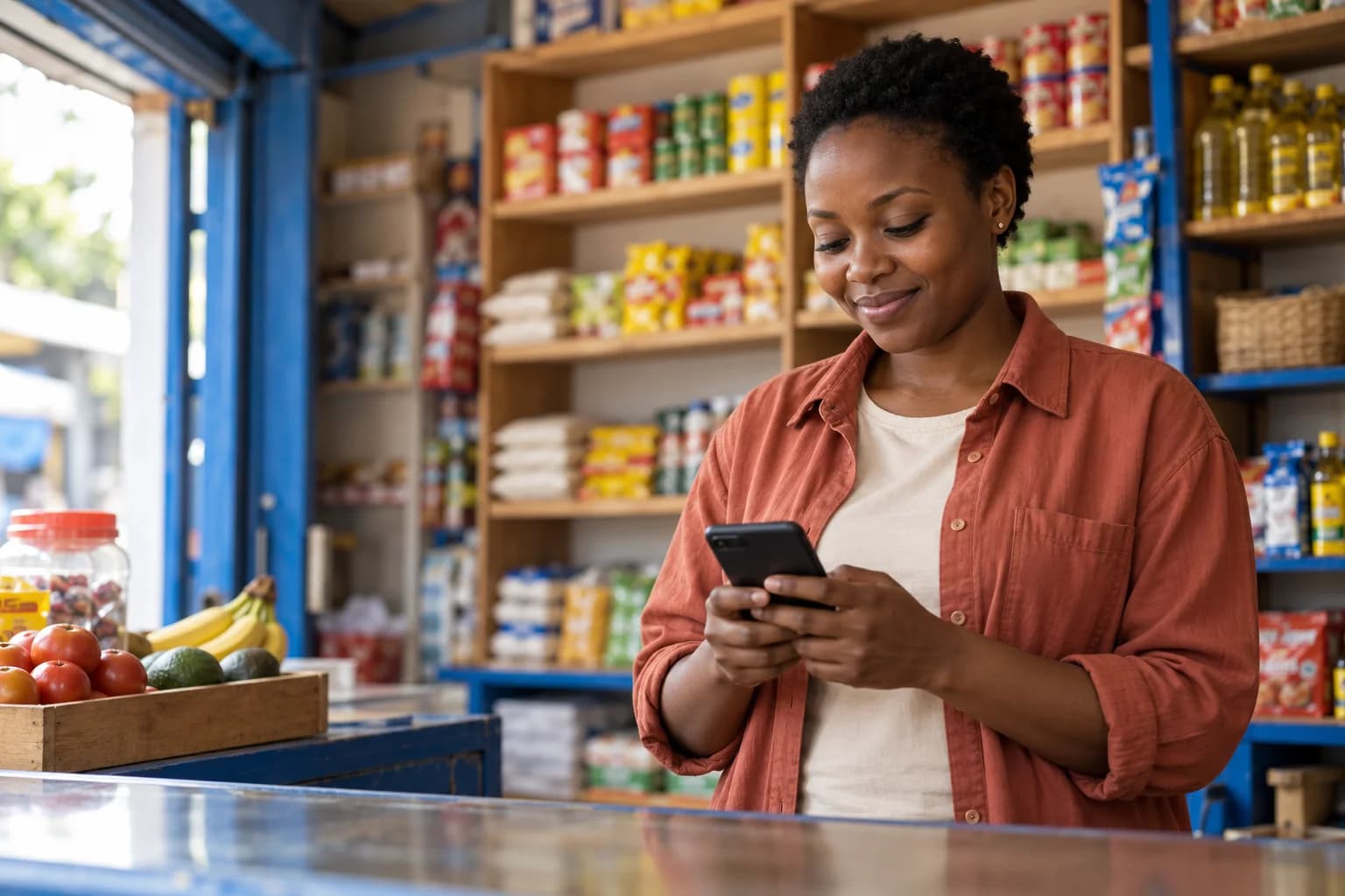 A shop owner checking her phone behind the counter of a neighbourhood shop